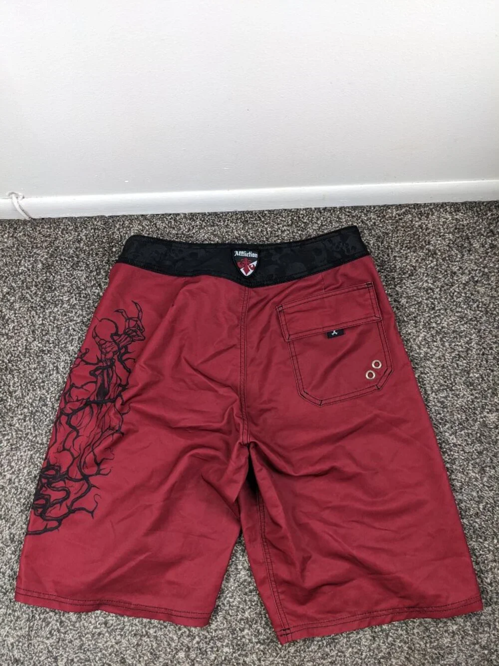 Affliction Board Shorts Skeleton Cross Skull Swim Trunks Red 32